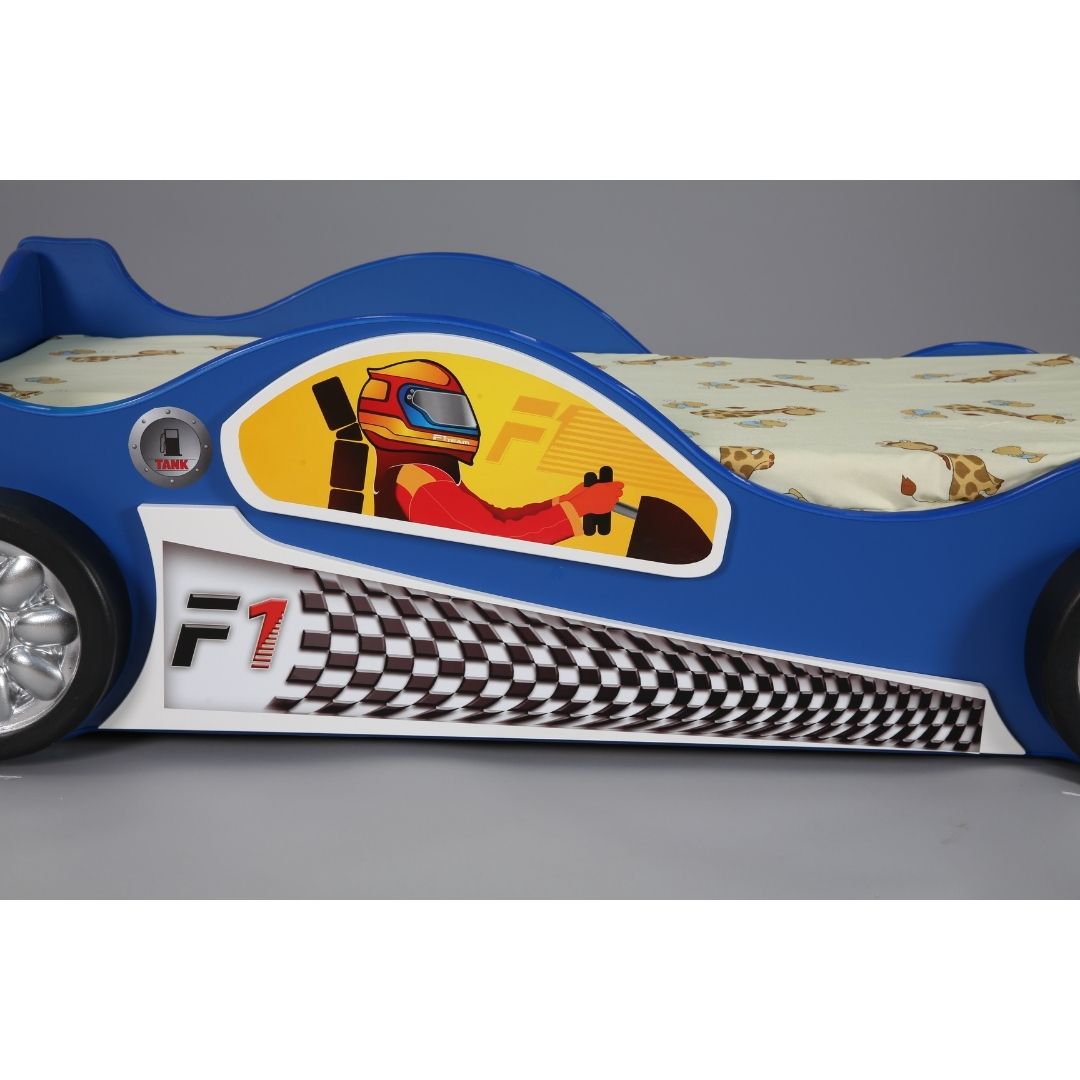 Blauwe race auto kinder bed