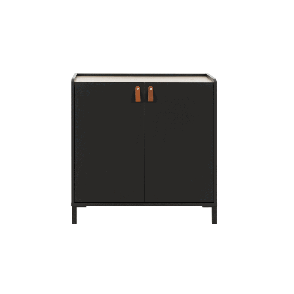 Amsterdam Dressoir 2-deurs - Zwart / Licht Kastanje Look; industrieel ontwerp met twee kastjes en kastanje accenten, ideaal voor opbergruimte en display in huis.