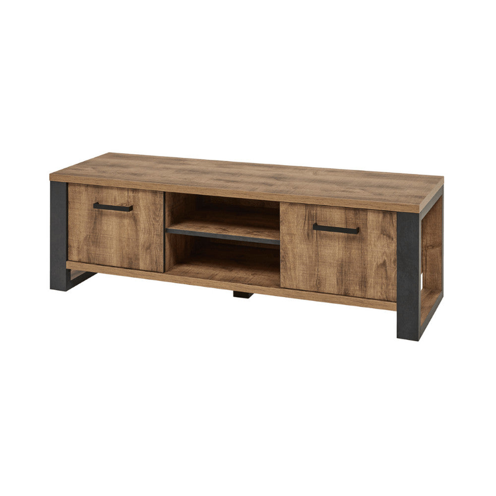 TV Meubel 'Onno Tropix' 157cm met mango fineer, twee deuren en vakken voor opbergruimte, geschikt voor industriële woonkamers. Perfect voor decoratieve accessoires.