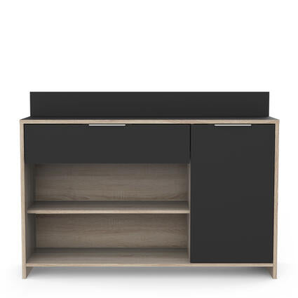 1-Dr 1-Drwr 2-Nook Keukenunit - Mike, een stijlvolle zwarte en houten kast met lade en planken, ideaal voor keukenopslag.