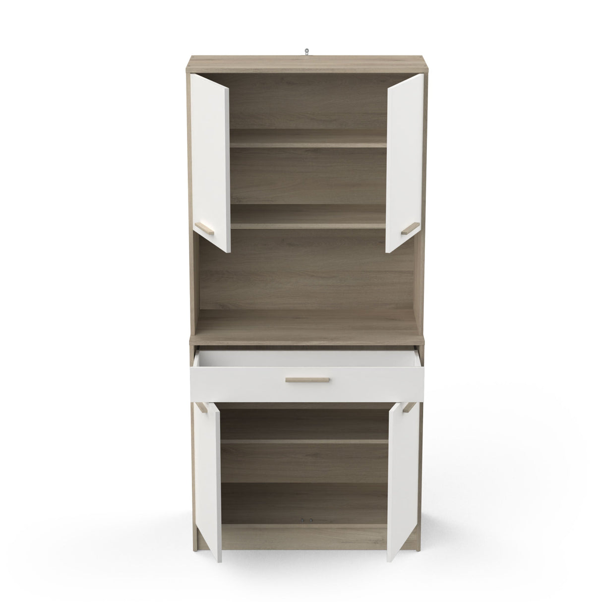 Aemely Keuken-buffetkast Napoli Wit met open deuren, lade, verstelbare planken en nis voor magnetron. Perfect voor moderne keukens met industriële stijl.