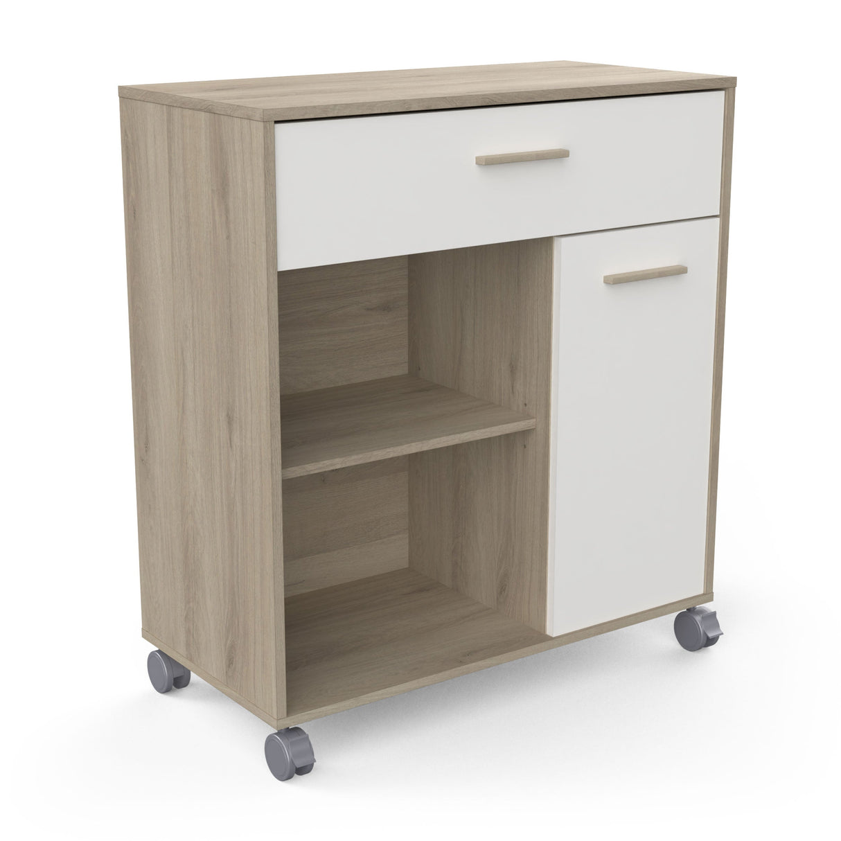 Aemely Keukenkast Mint Wit, een compacte keukenkast met wielen, biedt veel opbergruimte en een stevig bovenoppervlak voor keukenapparatuur.