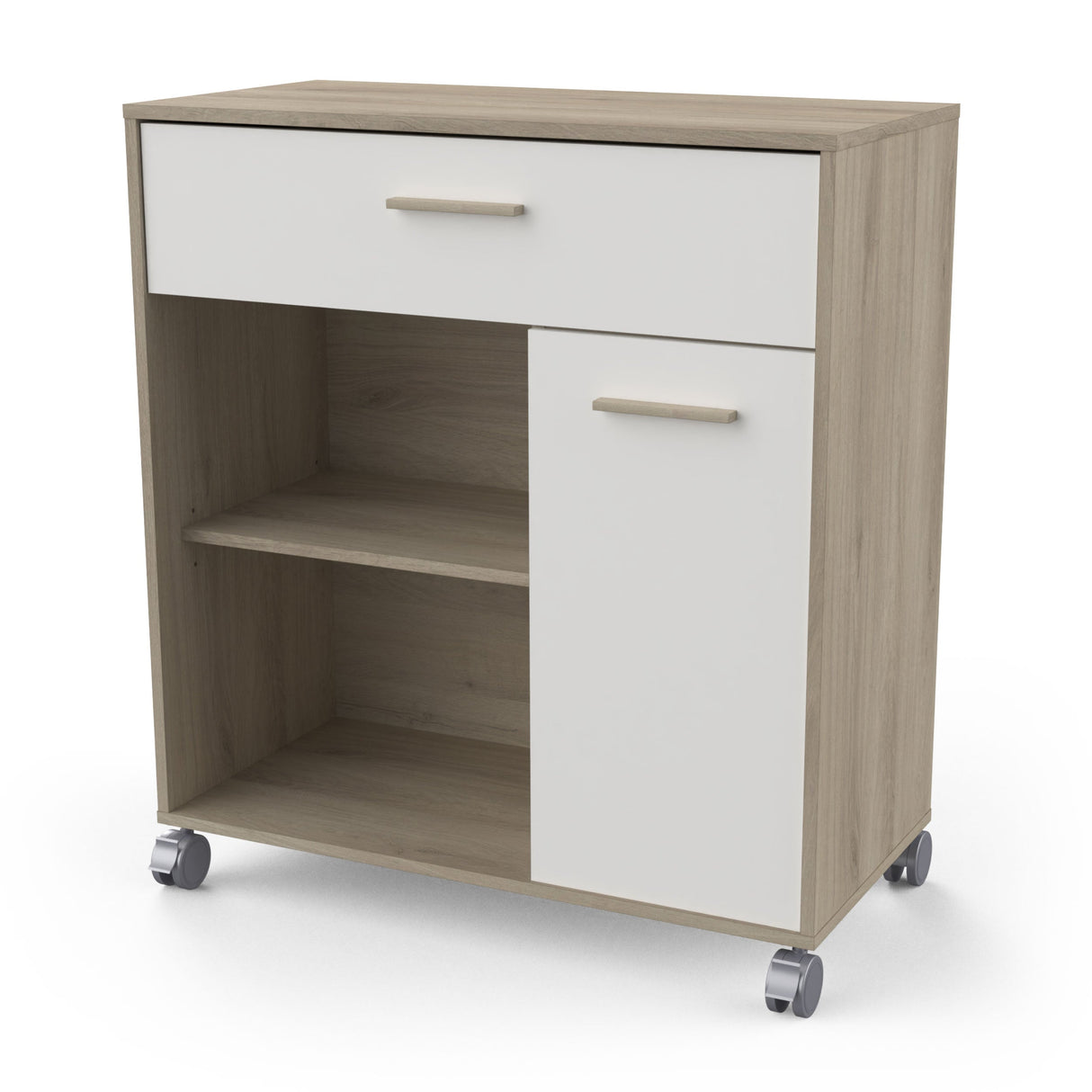 Aemely Keukenkast Mint Wit, een compacte keukenkast op wieltjes met opbergvakken en lade, ideaal voor keukenopslag en apparatuur, stevig en waterafstotend.