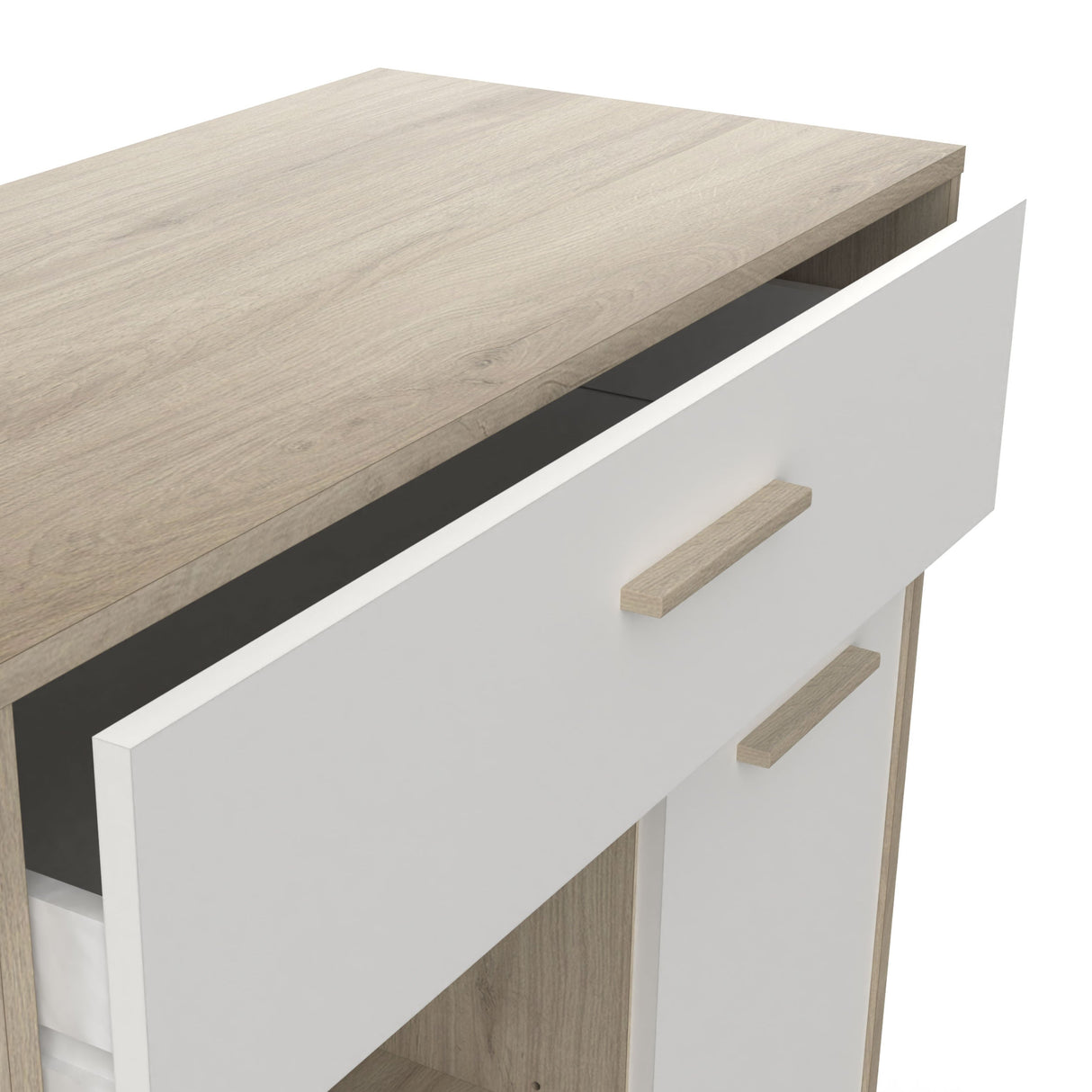 Close-up van de Aemely Keukenkast Mint Wit met zichtbare lade, gemaakt van eiken en wit melamine, ideale opbergoplossing voor keukens.