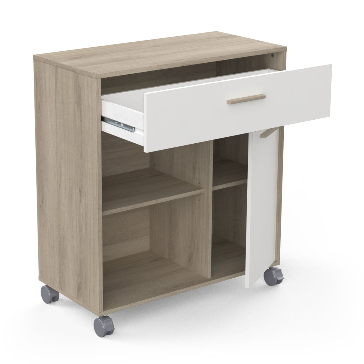 Aemely Keukenkast Mint Wit op wieltjes, met eiken en wit melamine, biedt opbergruimte en een oppervlak voor apparaten. Stevig en waterafstotend, perfect voor keuken.