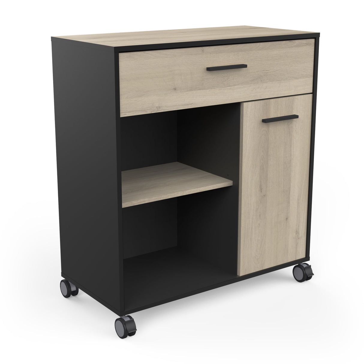 Aemely Keukenkast Mint Zwart: compacte, verplaatsbare keukenkast met lades en wieltjes, ontworpen voor eenvoudige opslag van keukengerei en apparaten, perfect voor een moderne inrichting.