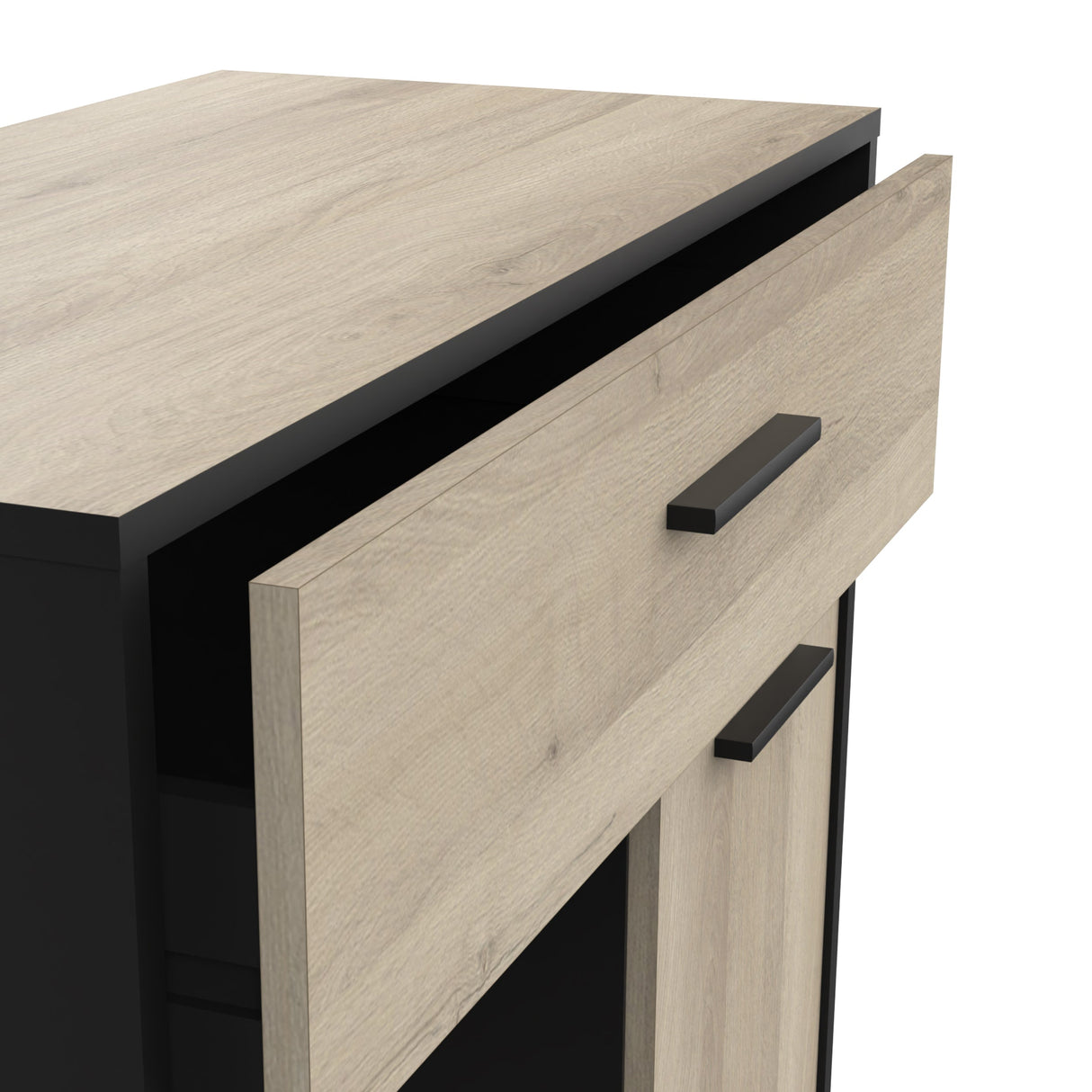 Aemely Keukenkast Mint Zwart, close-up van lade met zwart handvat op houten oppervlak, toont stevige, praktische opbergoplossing voor keuken.