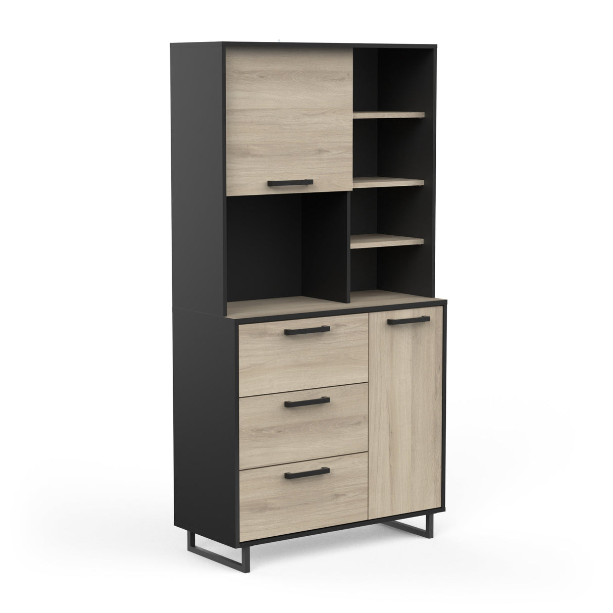 Aemely Keuken/Buffetkast Roma met eiken/zwart melamine, 2 deuren, 3 lades, ruimte voor keukenaccessoires. Geschikt voor elke ruimte, montage vereist.