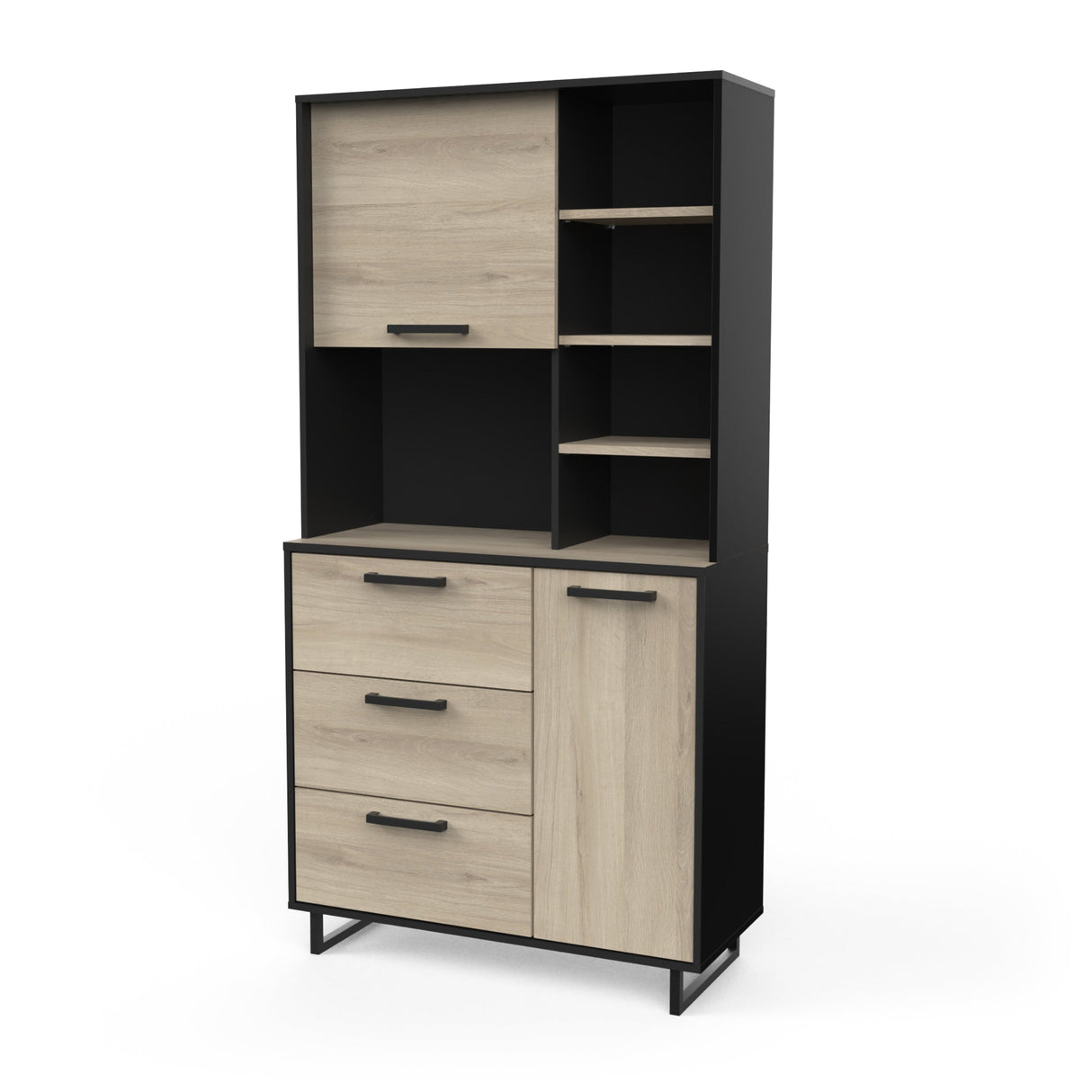 Aemely Keuken / Buffetkast Roma, eigentijdse kast met twee deuren, drie lades, meerdere opbergruimtes, perfect voor keukenaccessoires. Zwarte handgrepen, eiken/zwart melamine afwerking.