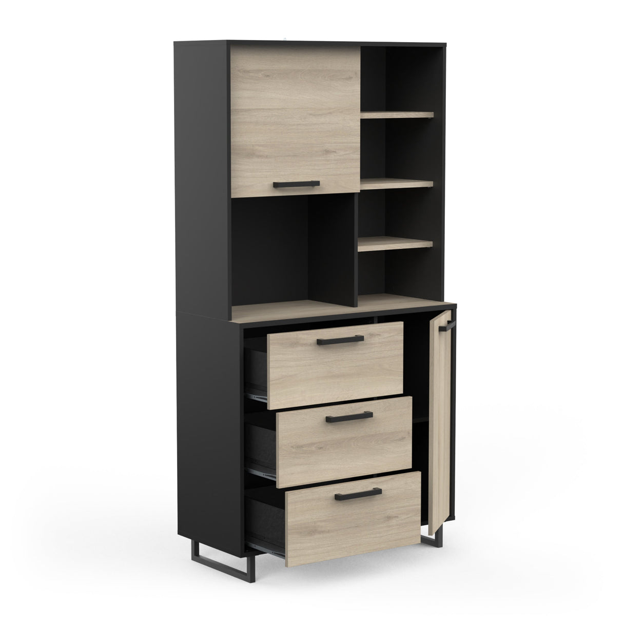 Aemely Keuken / Buffet kast Roma met eiken en zwart melamine, uitgerust met 2 deuren, 3 lades en meerdere opbergruimtes, perfect voor keukenaccessoires.