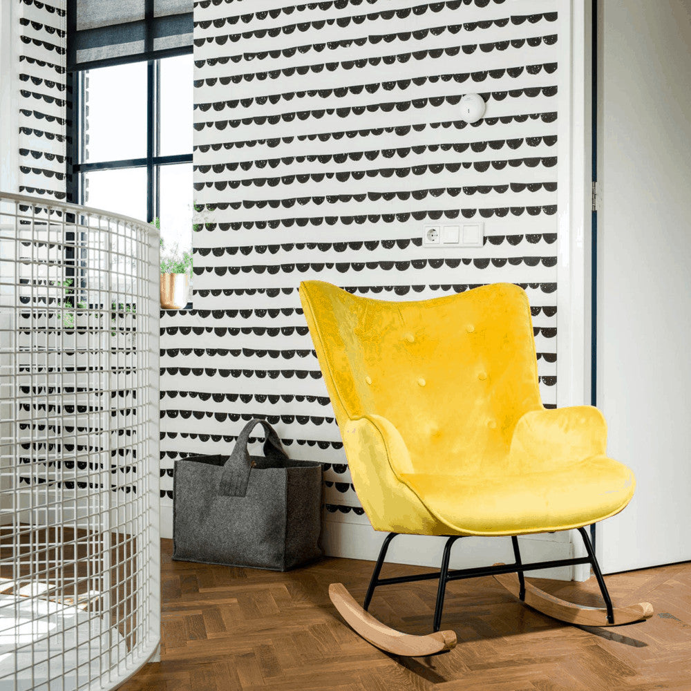 Aemely® Schommelstoel 'Steerne' – Geel Velvet, een stijlvolle schommelstoel met beukenhouten poten en metalen frame, perfect voor comfort en modern design in huis.