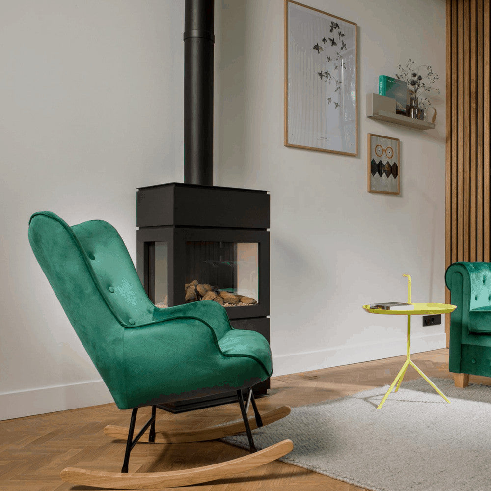Aemely® Schommelstoel Steerne in groen velvet voor een elegante woonkamer, met houten poten en stalen frame voor ultiem comfort en stijlvol design.