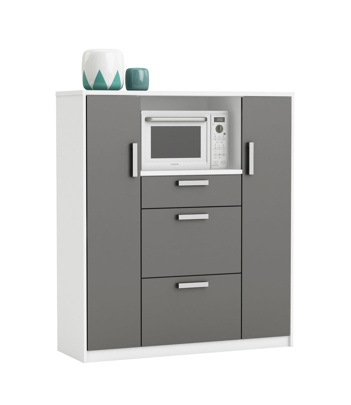 Keukenkast Flavor - Grijs/Wit met magnetron bovenop en open lade, biedt veel bergruimte met verstelbare planken en metalen runners voor laden.
