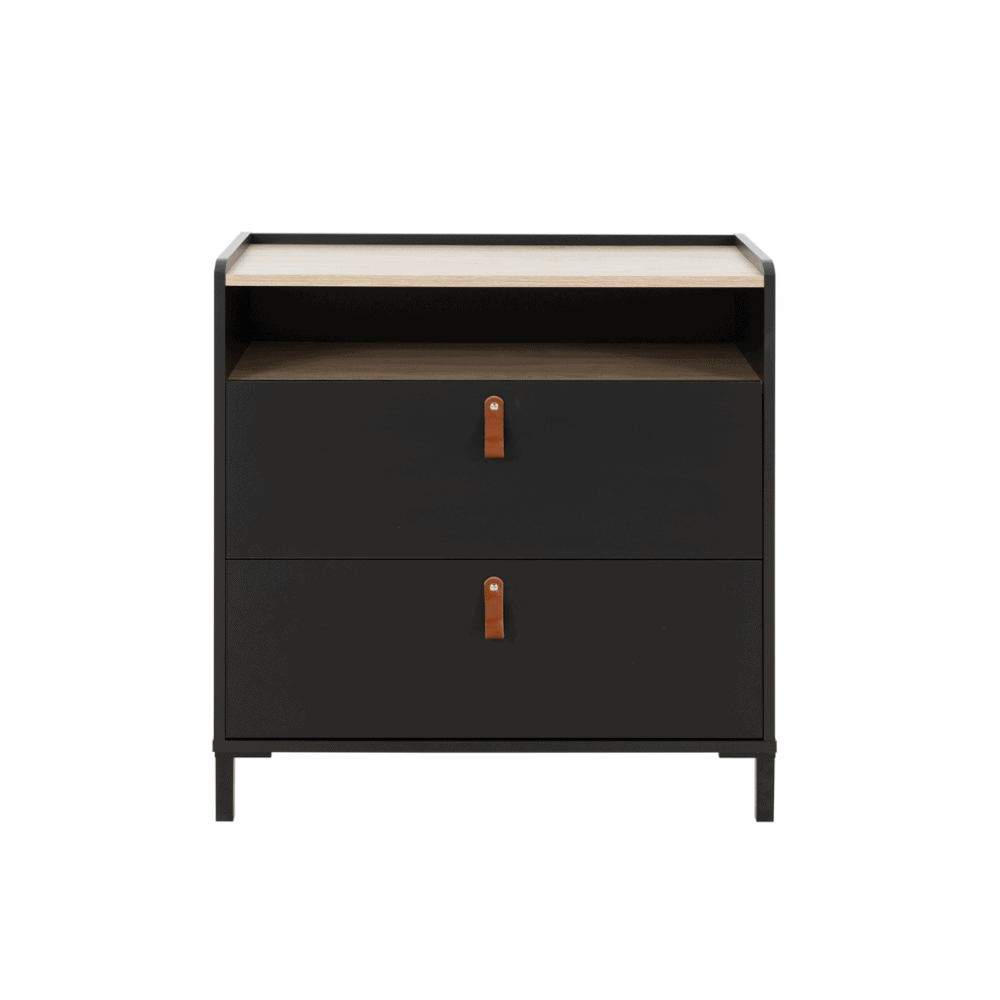 Amsterdam Dressoir Met 2 Lades - Zwart / Licht Kastanje Look, industrieel ontwerp met twee lades, zwarte poten en eikenlook bovenkant. Perfect voor opslag en decoratie.