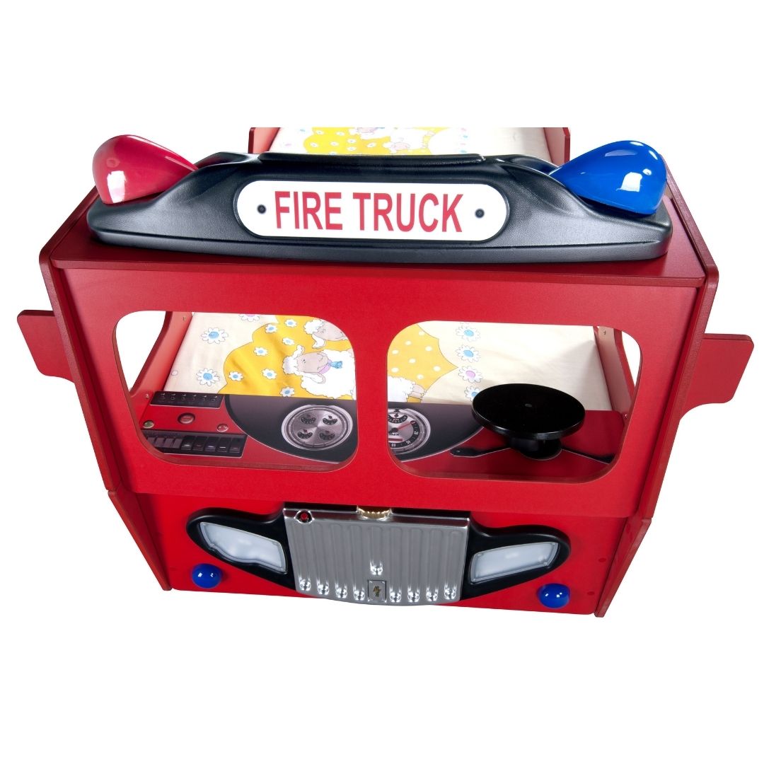 Kinderbed Brandweerauto 205×120 – Rood, speels bed in de vorm van een brandweertruck, ideaal voor avontuurlijke kinderen, met MDF-constructie en rode kleur.