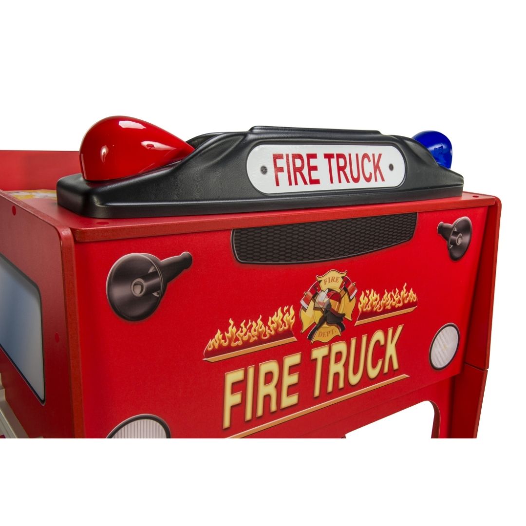 Kinderbed Brandweerauto 207×116 – Rood, MDF-constructie, brandweerauto-vorm met rode kleur en gele accenten, perfect voor avontuurlijke kinderen.