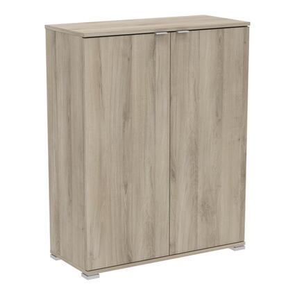 2-Deurs Opslagkast 'PERFECT' eiken kleur, compact met zwarte bovenkant, biedt praktische opbergruimte met verstelbare planken en een elegante afwerking.