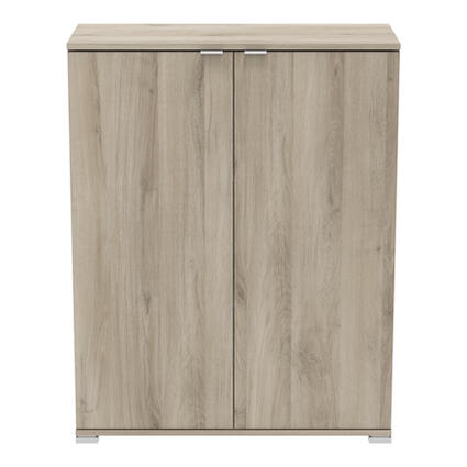 2-Deurs Opslagkast 'PERFECT' eiken kleur, compact, met 3 vakken en 2 verstelbare planken, voorzien van smalle handgreep en geweven linnen interieur.