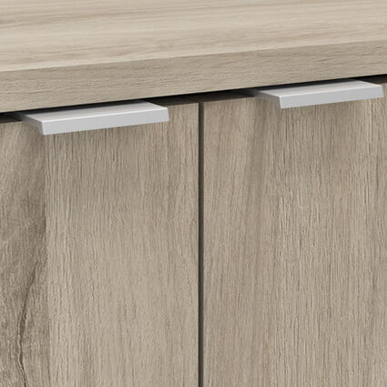 2-Deurs Opslagkast 'PERFECT' eiken kleur, close-up van houten afwerking met discrete handgreep en veelzijdige opbergruimte, ideaal voor eigentijdse interieurs.