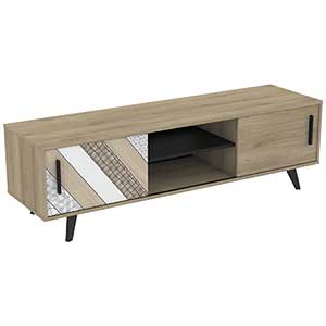 HELSINKI tv-meubel, houten ontwerp met twee schuifdeuren en een open vak, geschikt voor moderne woonruimtes. Ideaal voor praktische en stijlvolle opbergoplossingen.