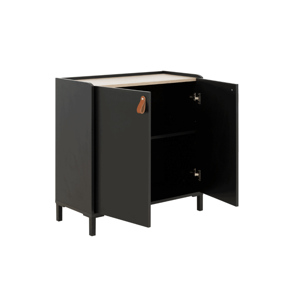 Amsterdam Dressoir 2-deurs - Zwart / Licht Kastanje Look met industrieel design, twee kastjes en kastanje accenten. Compact en functioneel meubelstuk met zwarte poten.