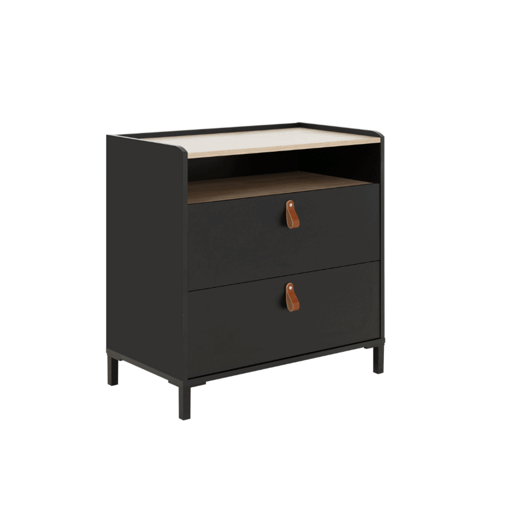 Amsterdam Dressoir Met 2 Lades - Zwart / Licht Kastanje Look, industrieel design met eikenlook bovenkant en zwarte poten, twee lades met unieke handgrepen.