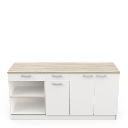 3-Deuren 2-Lade Onderkast - Cooking, witte keukeneenheid met houten top, drie deuren, twee lades, perfect voor compacte keukens, biedt modulaire opbergruimte en waterbestendig werkblad.