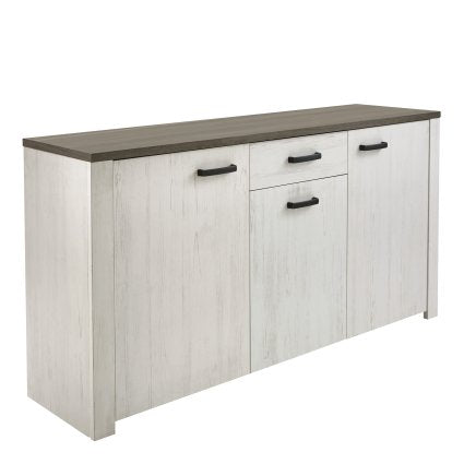 3-Dr Dressoir Met 1 Lade 'Marquis', een wit en zwart kabinet met zilveren handgrepen, biedt aanzienlijke opbergruimte en past perfect in elke woonkamer.