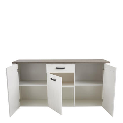 3-Dr Dressoir Met 1 Lade 'Marquis' met openstaande deuren, biedt charmante klassieke stijl en veel opbergruimte, ideaal voor sfeervolle woonkamers.