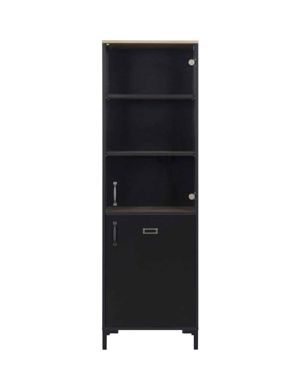 Manchester Vitrinekast 2-deurs met industriële uitstraling, zwart met eiken accenten, voorzien van planken en een lade, ideaal voor minimalistische interieurs.