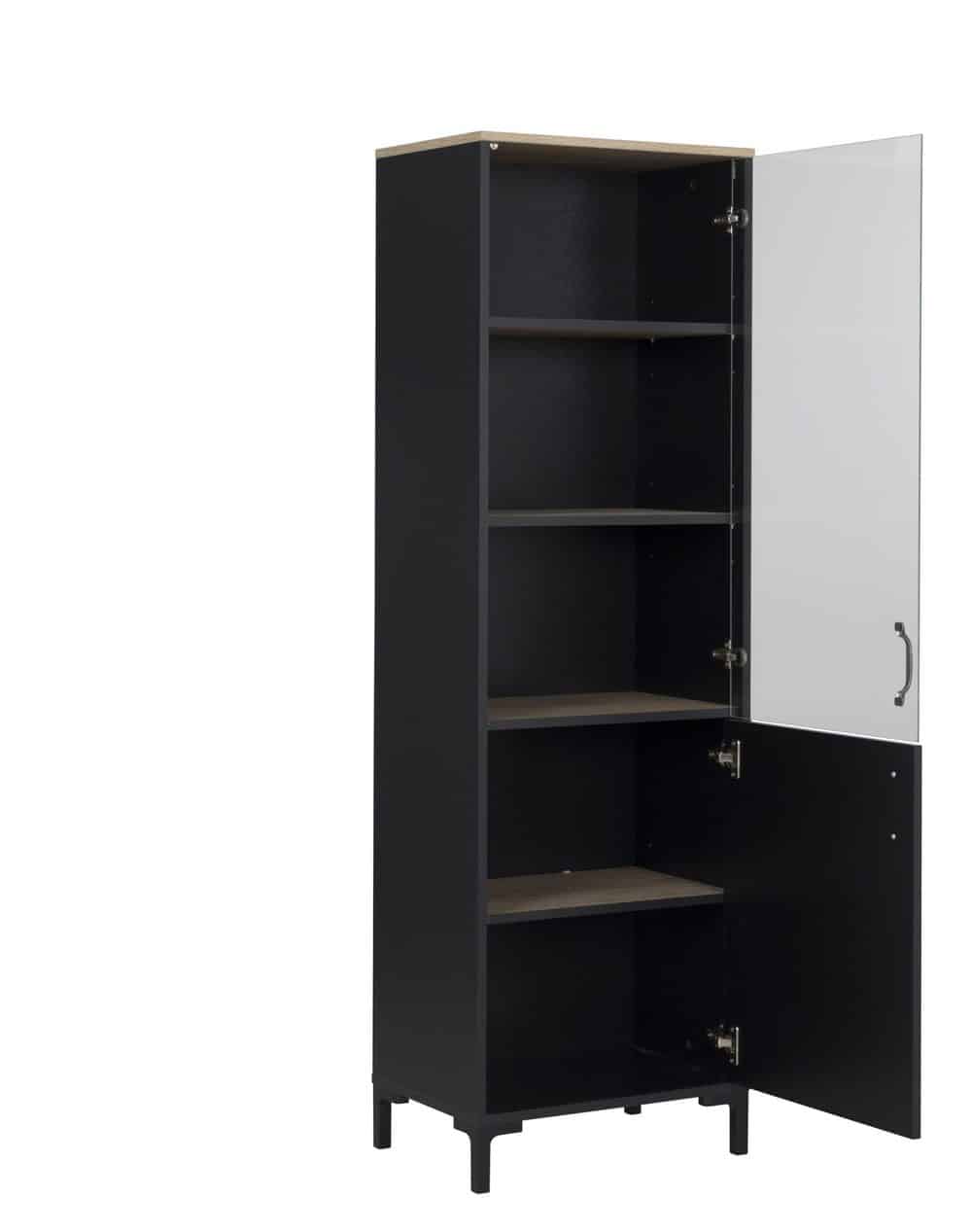Manchester Vitrinekast 2-deurs - Zwart/Eiken Look, een stijlvolle kast met glazen deuren en industriële uitstraling, ideaal voor een minimalistische inrichting.