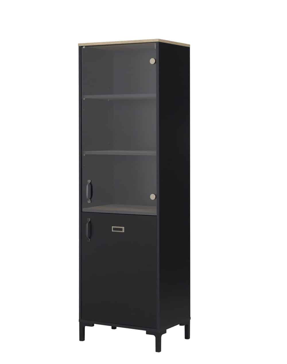 Manchester Vitrinekast 2-deurs, zwart met eiken look, industriële stijl, glasdeuren en -planken, perfect voor minimalistische interieurs. Gemaakt van duurzaam gemelamineerd spaanplaat.