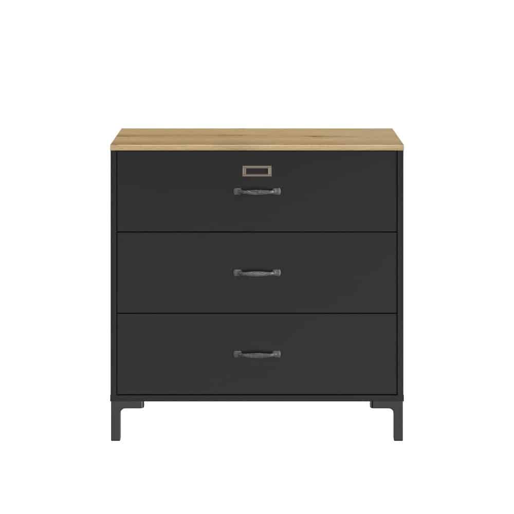 Manchester Dressoir met 3 lades, zwart/eiken look, met industriële stijl en ruime opbergruimte, ideaal voor elke ruimte in huis.