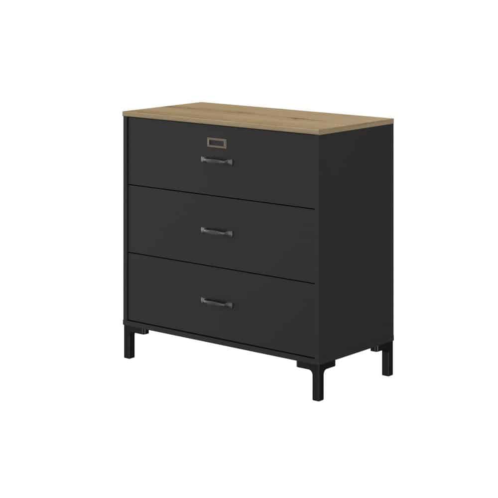 Manchester Dressoir met 3 lades, zwart met eikenlook, biedt industriële stijl en veel opbergruimte, perfect voor elke woonruimte.