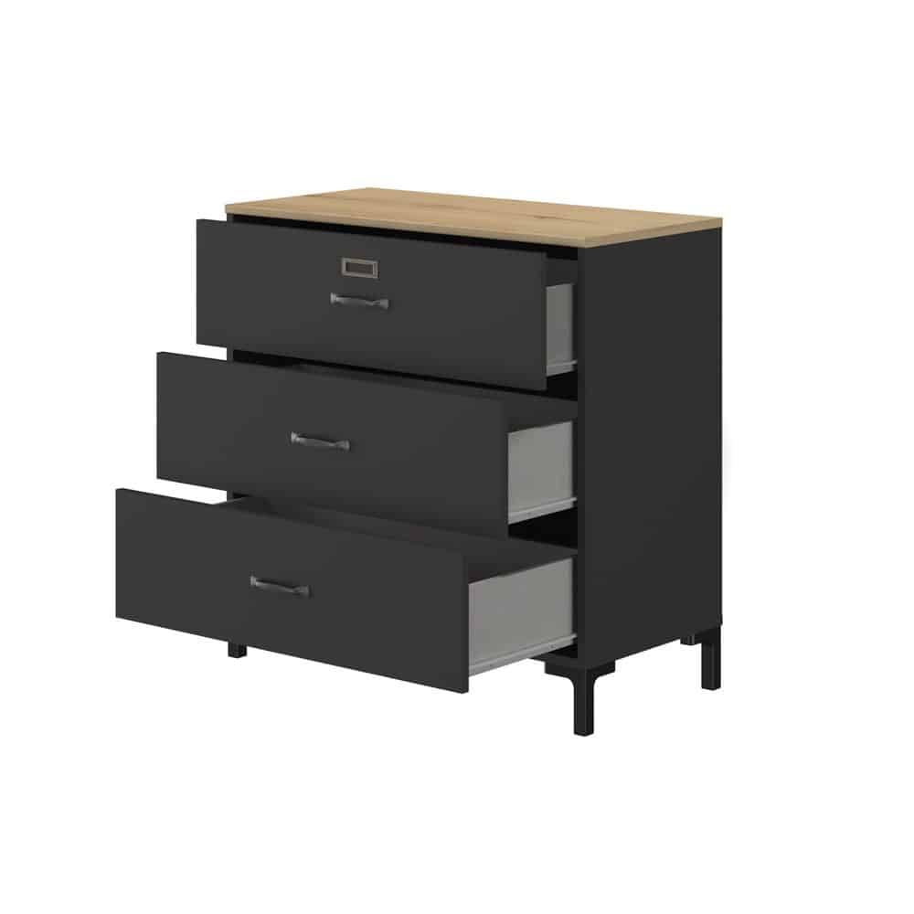 Manchester Dressoir met 3 lades in zwart/eiken look, industrieel ontwerp met veel opbergruimte, eiken accenten, geschikt voor diverse woonruimtes.