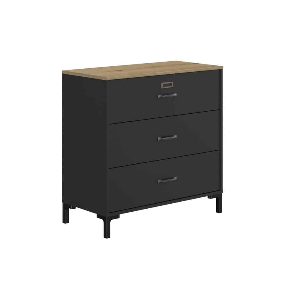 Manchester Dressoir met 3 lades in zwart/eiken look, industrieel ontwerp met eiken accenten en veel opbergruimte, ideaal voor veelzijdig gebruik.