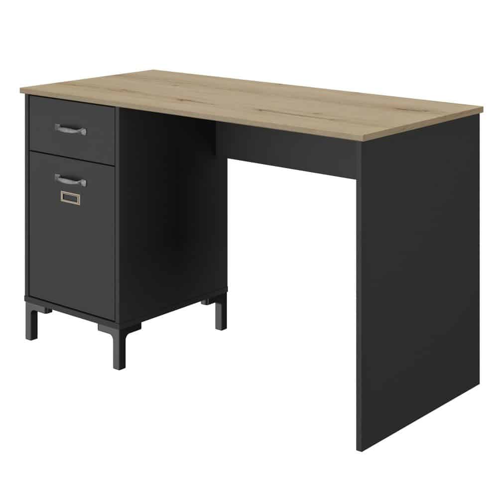 Manchester Bureau 1 Deur 1 Lade - Zwart/Eiken Look, industrieel design met eiken blad en zwart frame, voorzien van lade en deur, perfect voor werk- of gamekamer.