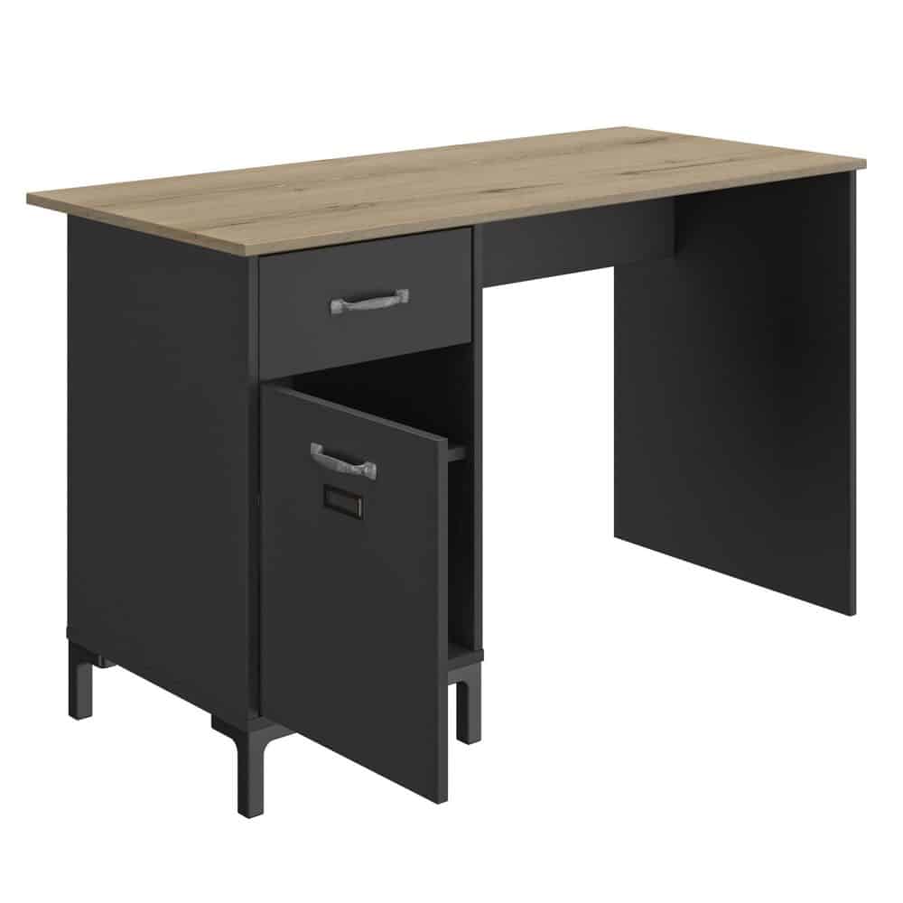 Manchester Bureau 1 Deur 1 Lade - Zwart/Eiken Look, industrieel design met zwart frame en eiken blad. Ideaal voor werk- of gamekamers. Inclusief lade en deur.