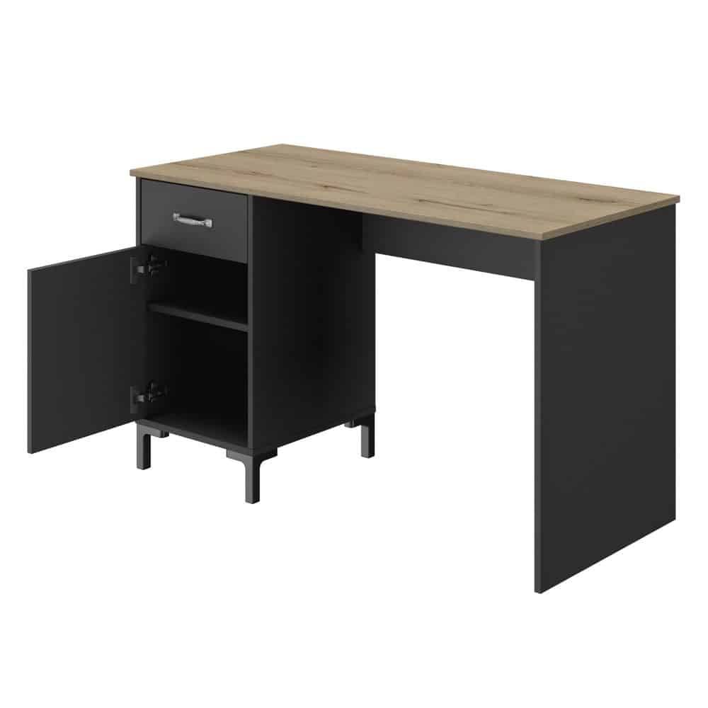 Manchester Bureau 1 Deur 1 Lade - Zwart/Eiken Look, industrieel design met houten blad en zwart frame, voorzien van praktische lade voor werk of gamekamer.