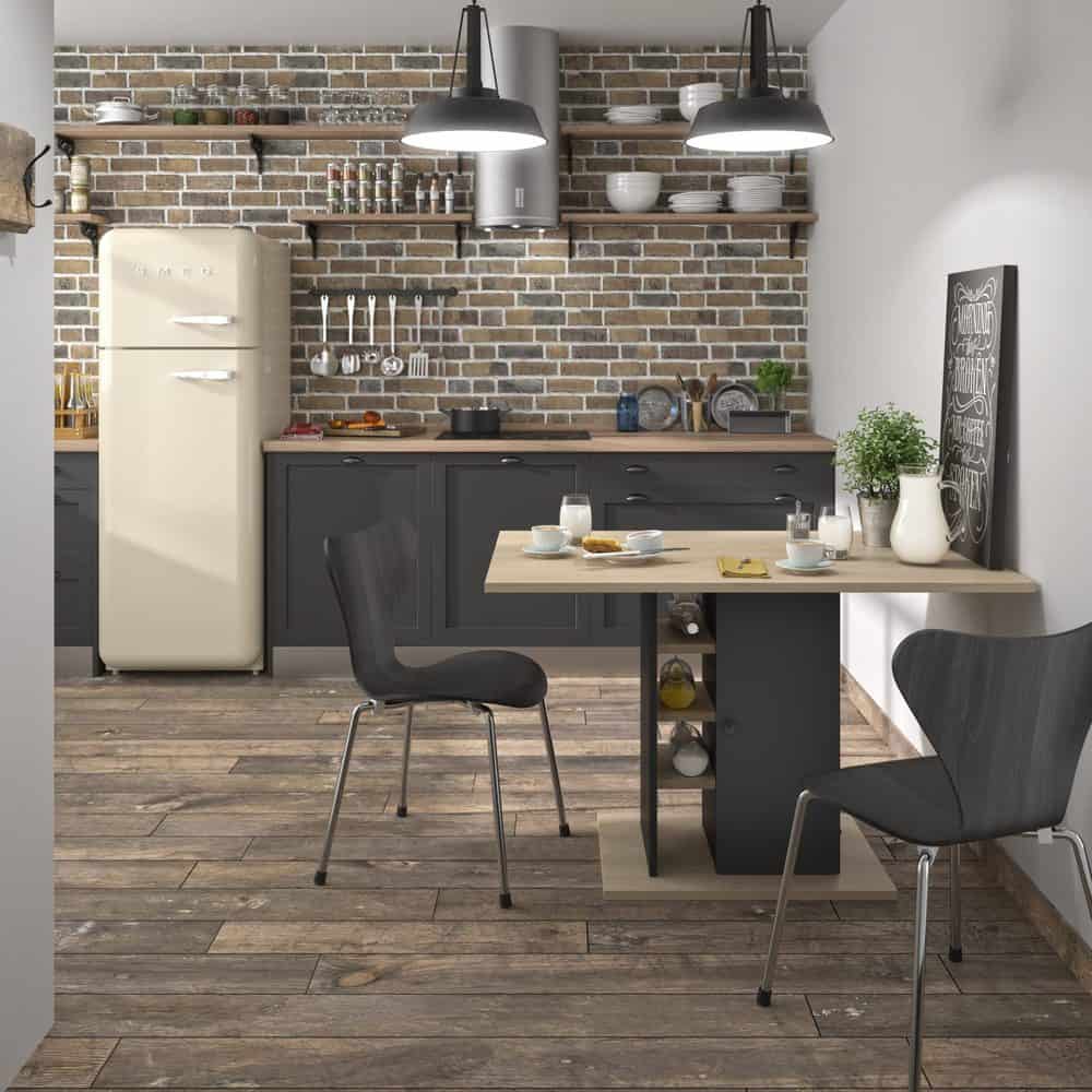 Oxford Tafel Met 4 Opbergvakken - Zwart / Eiken Look in een keukenopstelling met bijpassende stoelen, ideaal voor compact wonen en stijlvolle opslag.