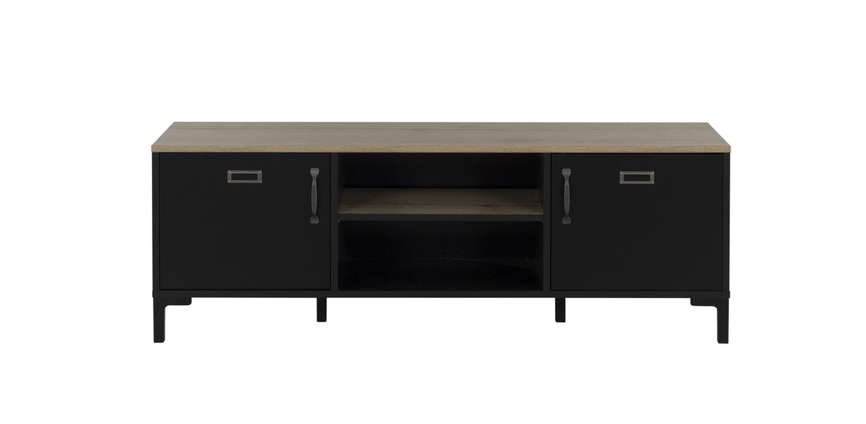Manchester TV-meubel 2-deurs - Zwart / Eiken Look, met stalen frame en houten planken, ideaal voor industriële interieurs met twee deuren en open vakken.