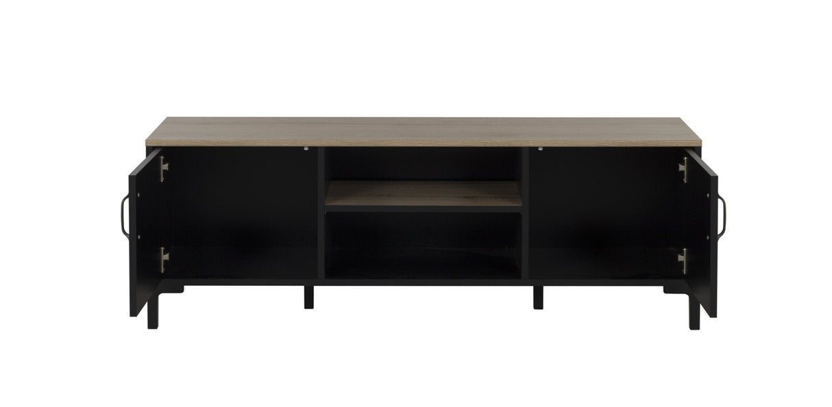 Manchester TV-meubel 2-deurs - Zwart / Eiken Look met houten planken en zwart stalen frame, geschikt voor industriële interieurs. Inclusief 2 deuren en 2 open vakken.