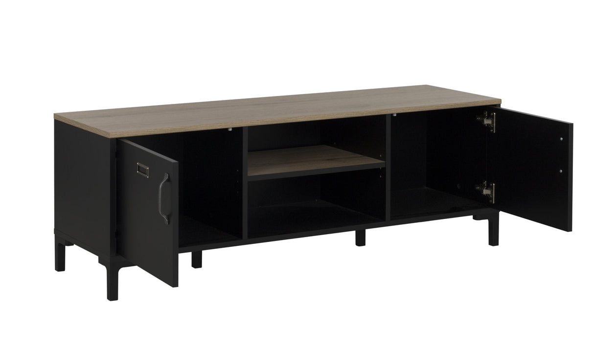 Manchester TV-meubel 2-deurs - Zwart / Eiken Look, met houten planken en stalen frame; beschikt over twee deuren en open vakken.