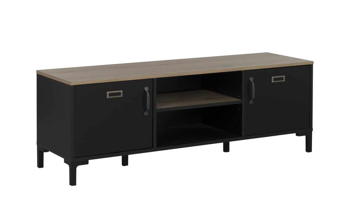 Manchester TV-meubel 2-deurs - Zwart / Eiken Look, een stijlvol meubel met twee deuren en open vakken, perfect voor industriële interieurs.