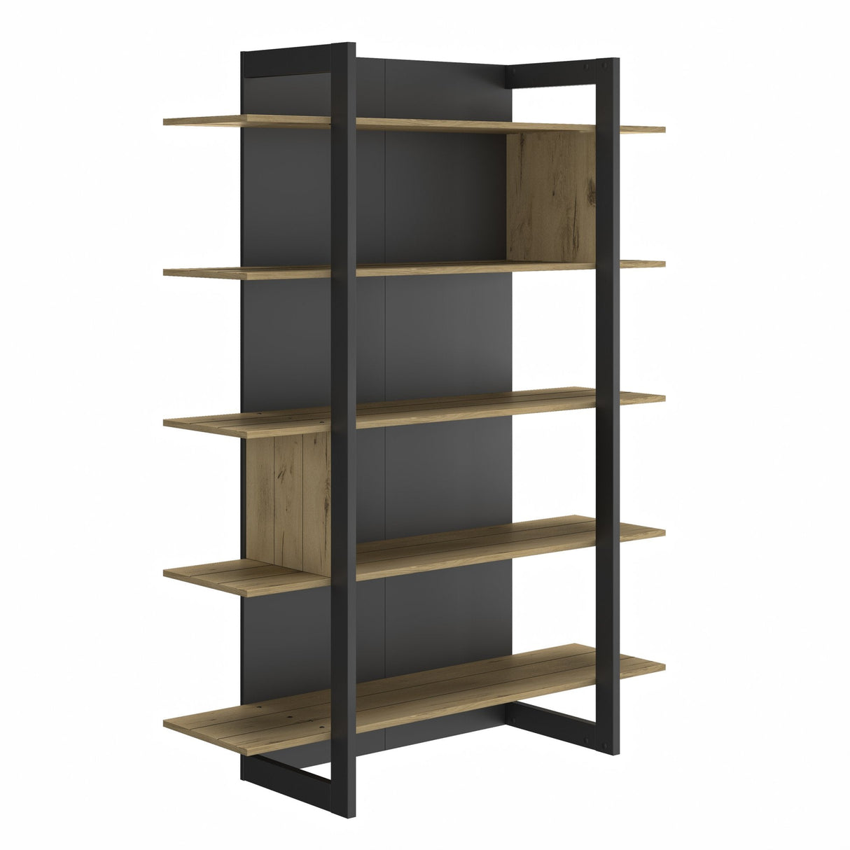 Boekenkast Russell 180cm - Zwart/Eiken, industriële stijl met eiken planken en zwart frame, geschikt voor elke woonruimte.
