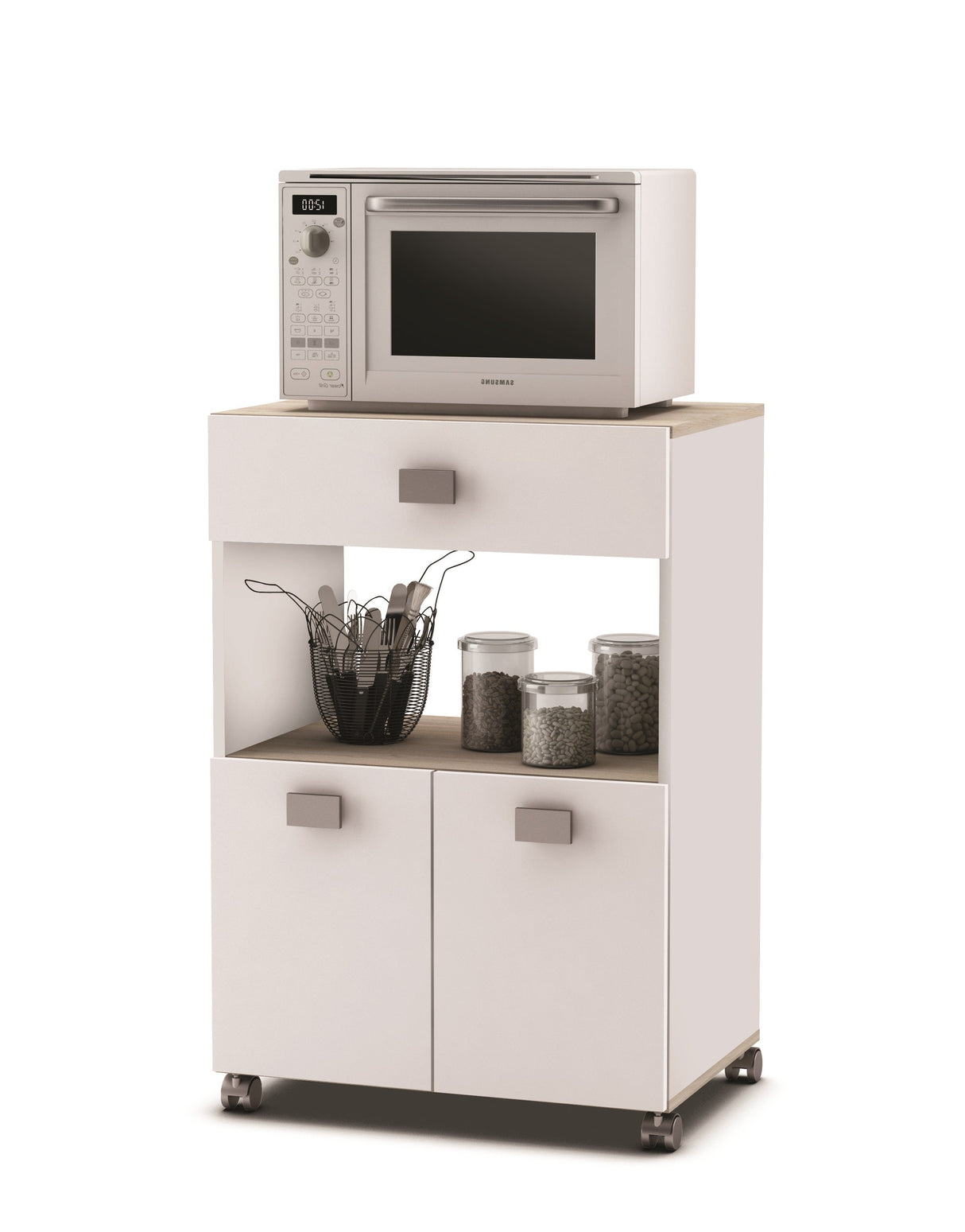 Keukentrolley Romarin met magnetron op plank, voorzien van diverse opbergmogelijkheden voor servies en accessoires, praktisch en stijlvol voor elke keuken.