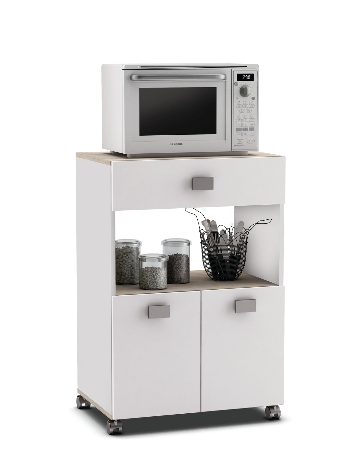 Keukentrolley Romarin met magnetron en opbergruimte, ideaal voor servies en bestek, ontworpen voor praktische keukenorganisatie, passend bij elke interieurstijl.