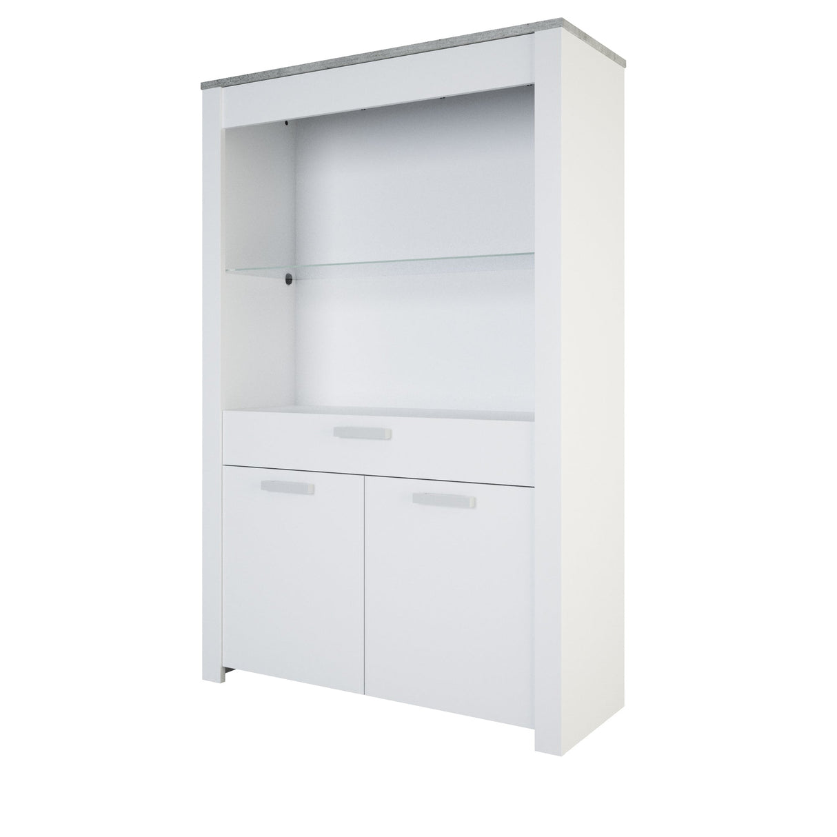 Vitrinekast Floride - Betonlook 173cm met glazen planken en zilveren handgrepen, perfect voor het stijlvol presenteren van items.