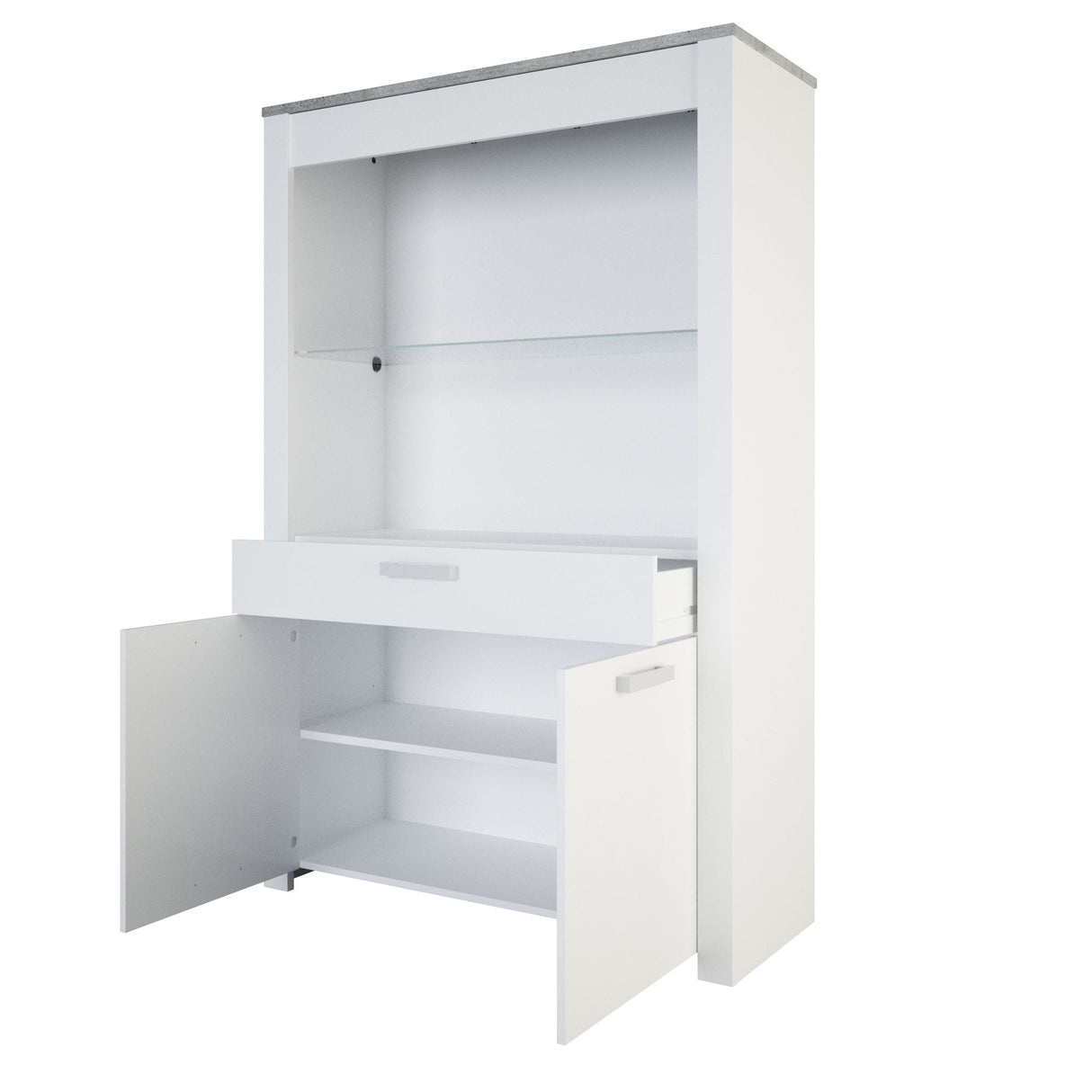 Vitrinekast Floride - Betonlook 173cm met open planken, melamine top met houtrelief, glazen planken en vervaardigd in spaanplaat. Perfect voor binnenmeubilair.