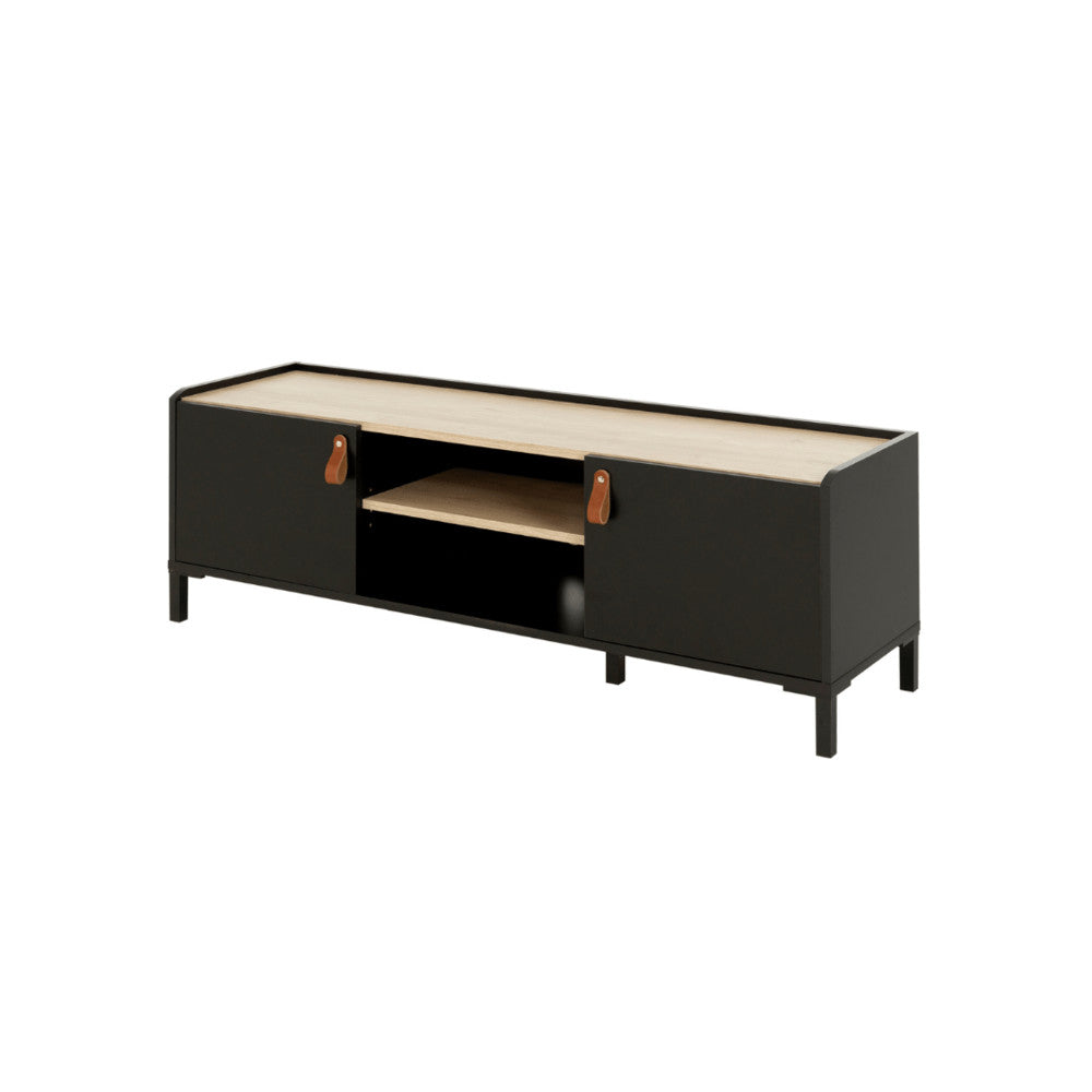Amsterdam TV-kast 2-deurs 1 plank - Zwart/Licht Kastanje Look, een stijlvol tv-meubel met houten planken en stalen frame, ideaal voor industriële interieurs.